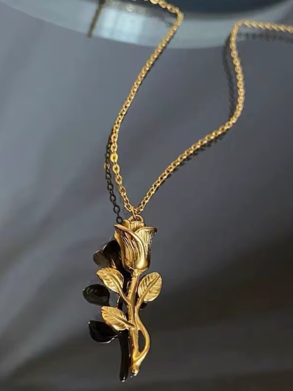 Gold Plated Rose Pendant Necklace Stainless Steel - Picture 7 of 7